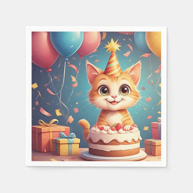 Servilleta De Papel Gato de fiesta adorable con pastel y globos (Anverso)
