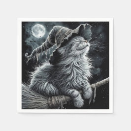 Servilleta De Papel Gato de Halloween en escoba