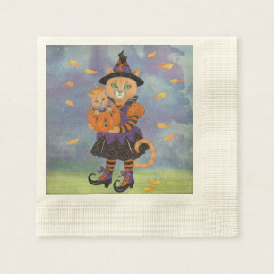 Servilleta De Papel Gato de la bruja del feliz Halloween y gatito de