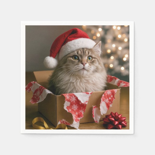 Servilleta De Papel Gato de Navidad en una caja (Anverso)