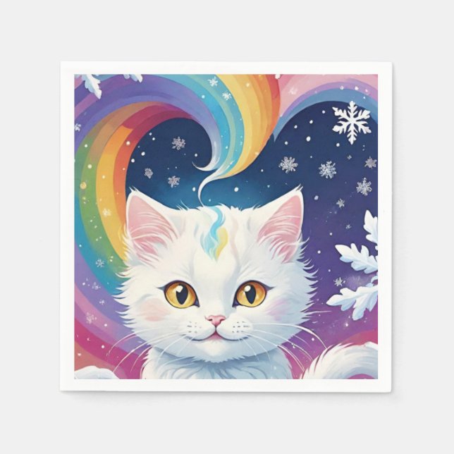 Servilleta De Papel Gato de Navidades de nieve blanca (Anverso)