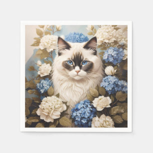 Servilleta De Papel Gato De Ragdoll Con Flores De Hidrangea Azul
