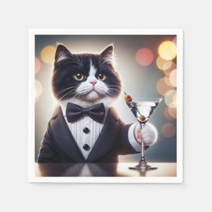 Servilleta De Papel Gato De Tuxedo Con Cóctel Martini