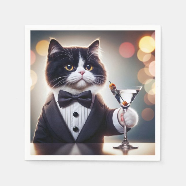 Servilleta De Papel Gato De Tuxedo Con Cóctel Martini (Anverso)