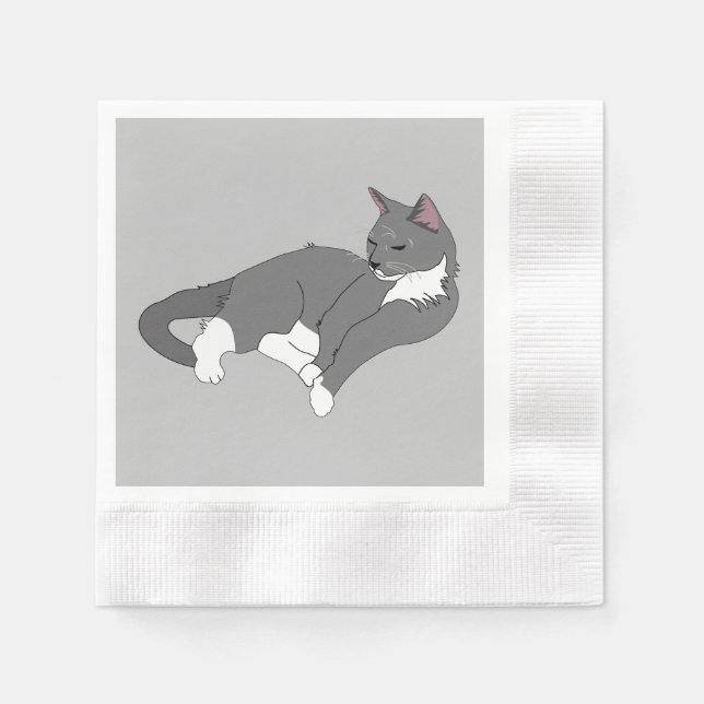Servilleta De Papel Gato de Tuxedo Gris y Blanco (Anverso)