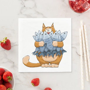 Servilleta De Papel Gato Divertido Sosteniendo Pescado Dibujo Animado 