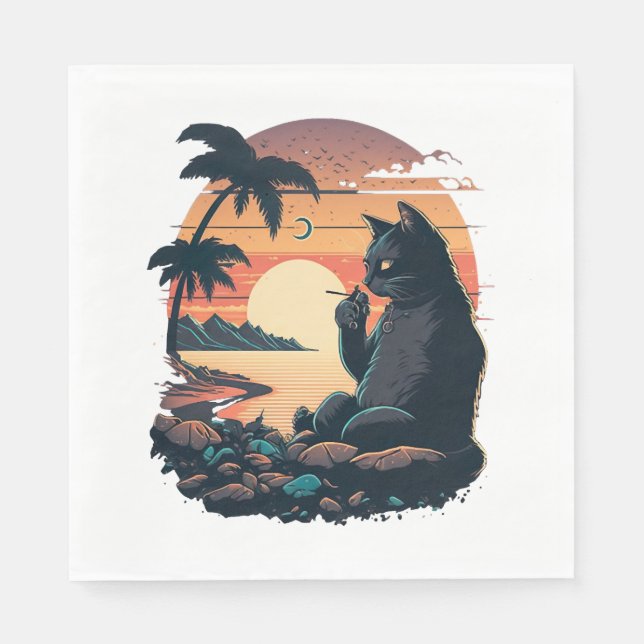Servilleta De Papel Gato en la playa con el cigarrillo (Anverso)