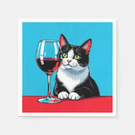 Servilleta De Papel Gato Esmoquin con Vaso de Vino Tinto