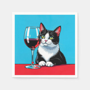 Servilleta De Papel Gato Esmoquin con Vaso de Vino Tinto