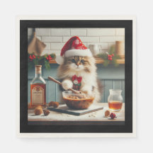 Gato esponjoso horneando pudín de Navidad con lico