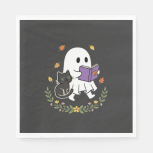 Servilleta De Papel Gato Fantasma de Halloween Leyendo Libro Diseño Fl