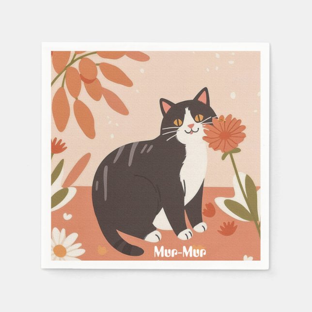 Servilleta De Papel Gato Feliz Custom Lindo con Flores de Primavera  (Anverso)