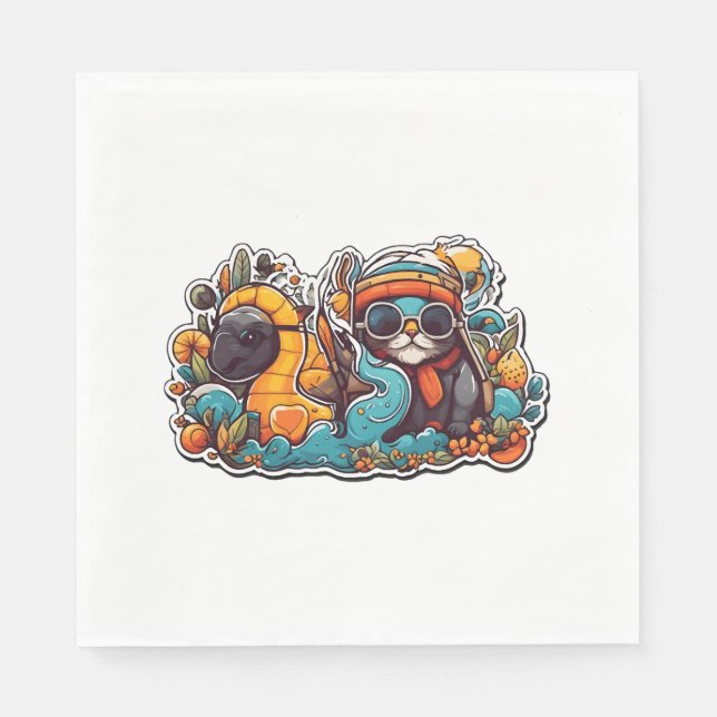 Servilleta De Papel gato gracioso y tortuga (Anverso)