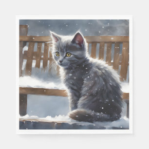 Servilleta De Papel Gato gris en un banco de nieve