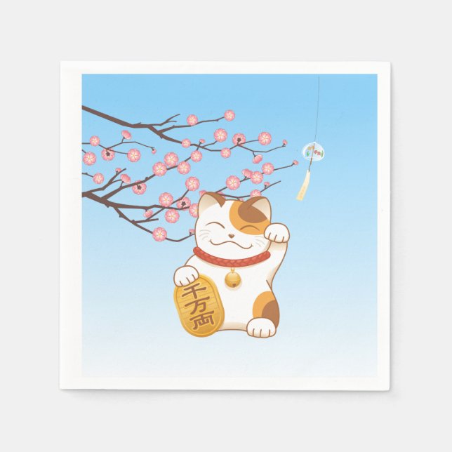 Servilleta De Papel Gato japonés con suerte de calico, Maneki Neko (Anverso)