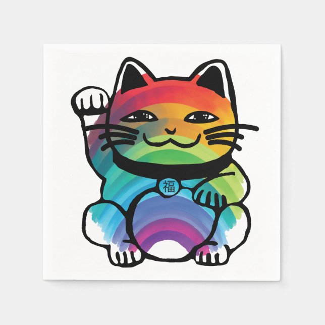 Servilleta De Papel Gato japonés de buena suerte con arcoiris (Anverso)