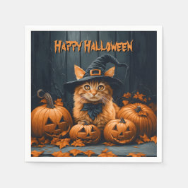 Servilleta De Papel Gato jengibre con calabazas Halloween