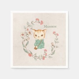 Servilleta De Papel Gato Kitty Floral Nombre Personalizado Girly Kitte