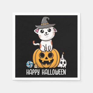 Servilleta De Papel Gato Lindo Sentado en Calabaza Halloween