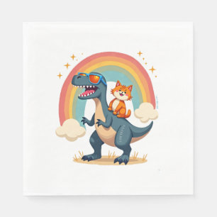 Servilleta De Papel Gato montando dinosaurio T-Rex gatito Arcoiris Din