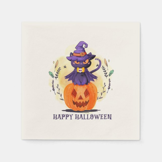 Servilleta De Papel Gato morado de bruja en calabaza - Feliz Halloween (Anverso)