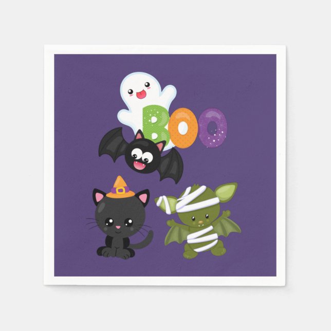Servilleta De Papel Gato, murciélago, momia y fantasma de Halloween (Anverso)