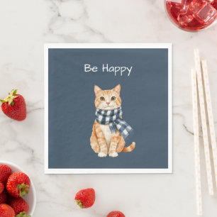 Servilleta De Papel Gato Naranja Bufanda Azul Blanca Sé Feliz