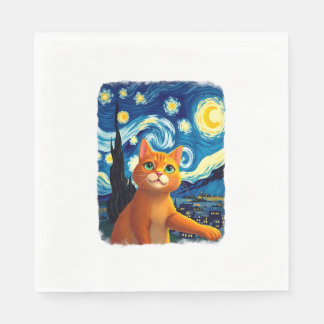 Servilleta De Papel Gato Naranja Selfie  Noche Estrellada Gato Mamá Am