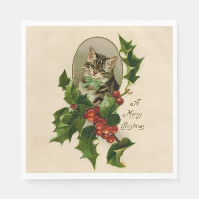 Servilleta De Papel Gato Navidades Merry Holly Kitten Arte Antiguo (Anverso)