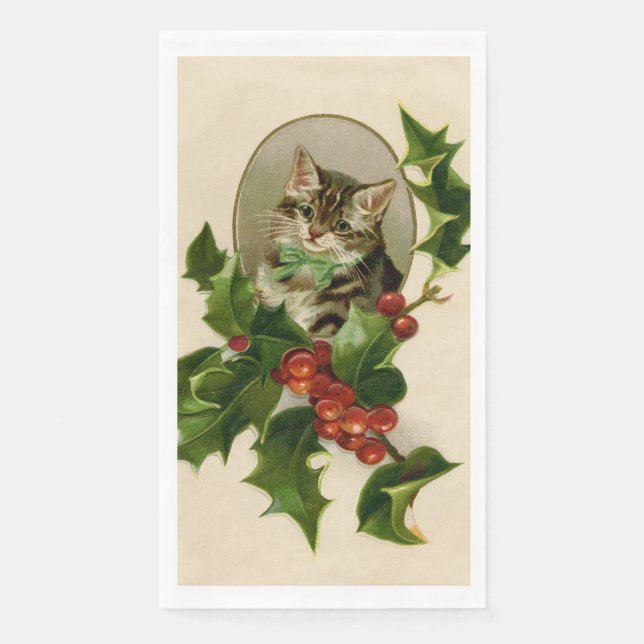 Servilleta De Papel Gato Navidades Merry Holly Kitten Arte Antiguo (Anverso)