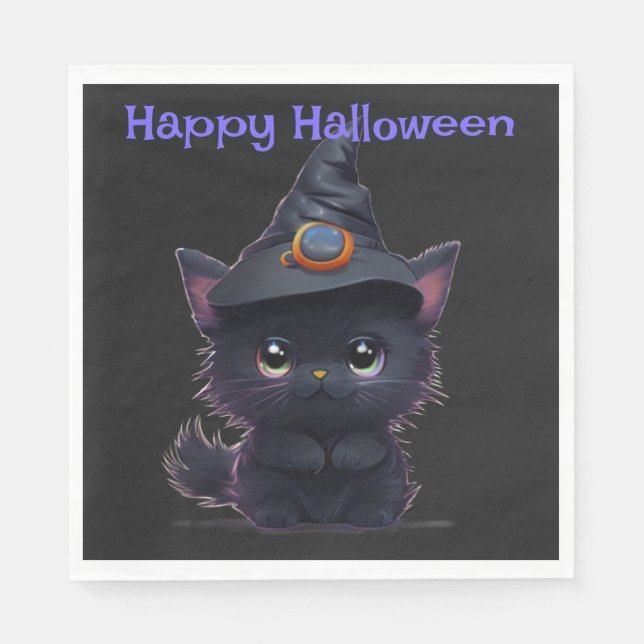 Servilleta De Papel Gato negro chiflado de Halloween (Anverso)