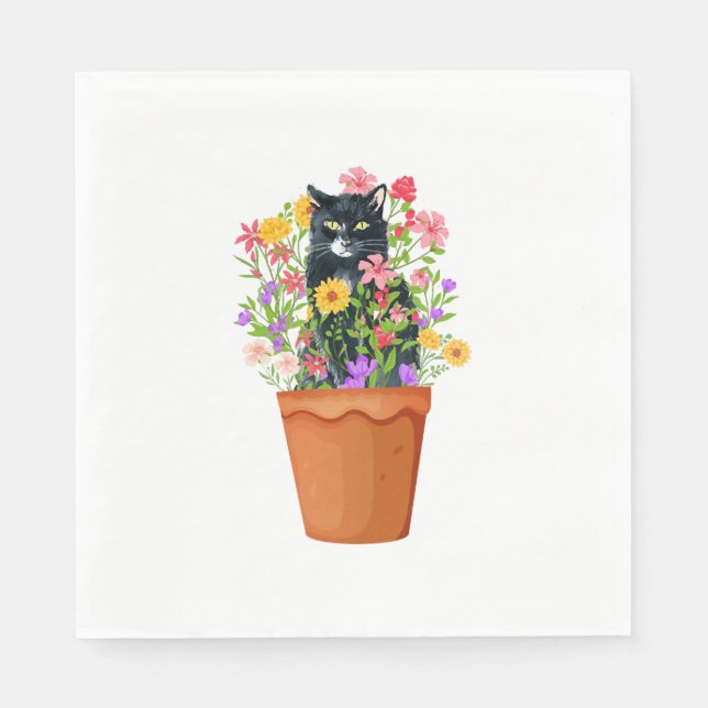 Servilleta De Papel gato negro con flor (Anverso)