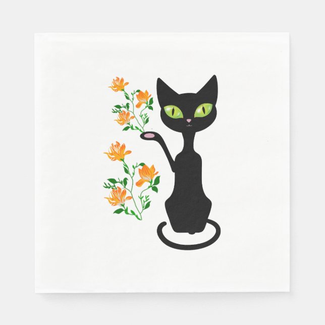 Servilleta De Papel gato negro con flor (Anverso)