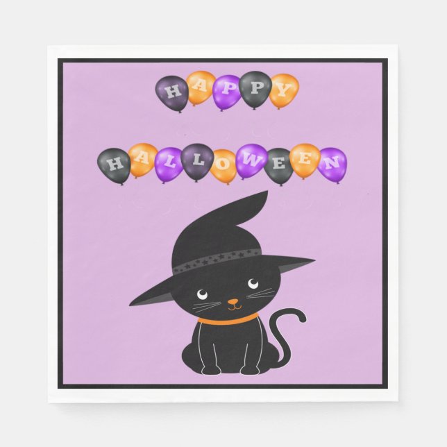 Servilleta De Papel Gato negro con globos de Halloween felices Gorras  (Anverso)