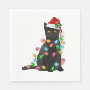 Servilleta De Papel Gato negro con luces de Navidades de Santa Hat