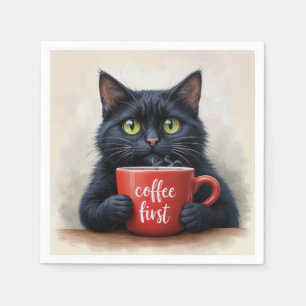 Servilleta De Papel Gato negro con tazón de café rojo