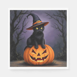 Servilleta De Papel Gato negro de Halloween con Gorra de bruja