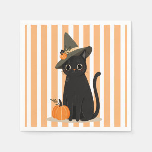 Servilleta De Papel Gato negro de Halloween con sombrero de bruja y ca