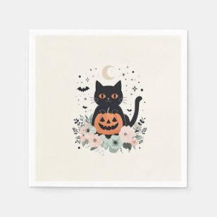 Servilleta De Papel Gato negro de Halloween, luna y calabaza lindos