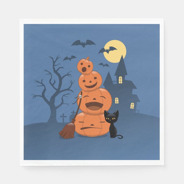 Servilleta De Papel Gato negro de Halloween y calabazas (Anverso)