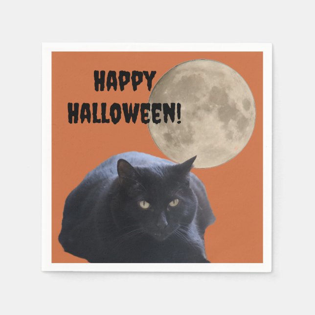 Servilleta De Papel Gato negro de la luna llena de Halloween (Anverso)