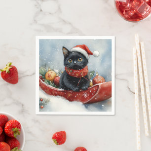 Servilleta De Papel Gato Negro en Trineo Deja que Nieve Navidad