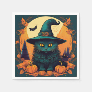 Servilleta De Papel Gato negro en un Gorra de brujas