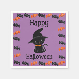 Servilleta De Papel Gato negro lindo en sombrero de bruja Feliz Hallow