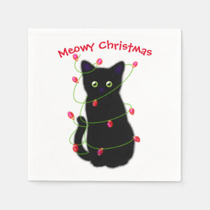 Servilleta De Papel Gato negro   Navidades Meowy   luces de trineo