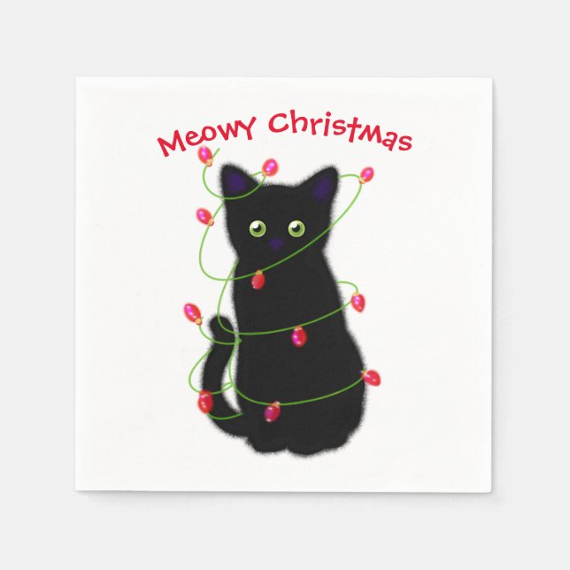 Servilleta De Papel Gato negro | Navidades Meowy | luces de trineo (Anverso)