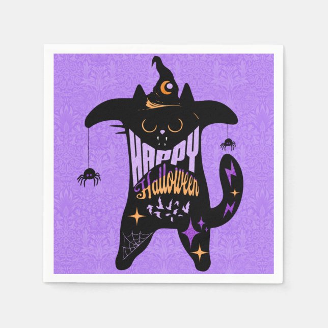Servilleta De Papel Gato Negro Retro Divertido Halloween  (Anverso)