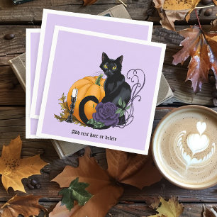 Servilleta De Papel Gato Negro Rosas Purpura Calabaza Otoño