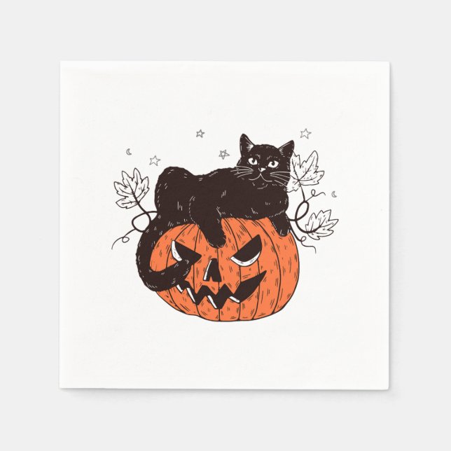 Servilleta De Papel Gato Negro Sobre La Cara De Calabaza Halloween Dis (Anverso)