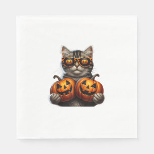 Servilleta De Papel Gato negro sujetando calabaza Halloween Gato Amant